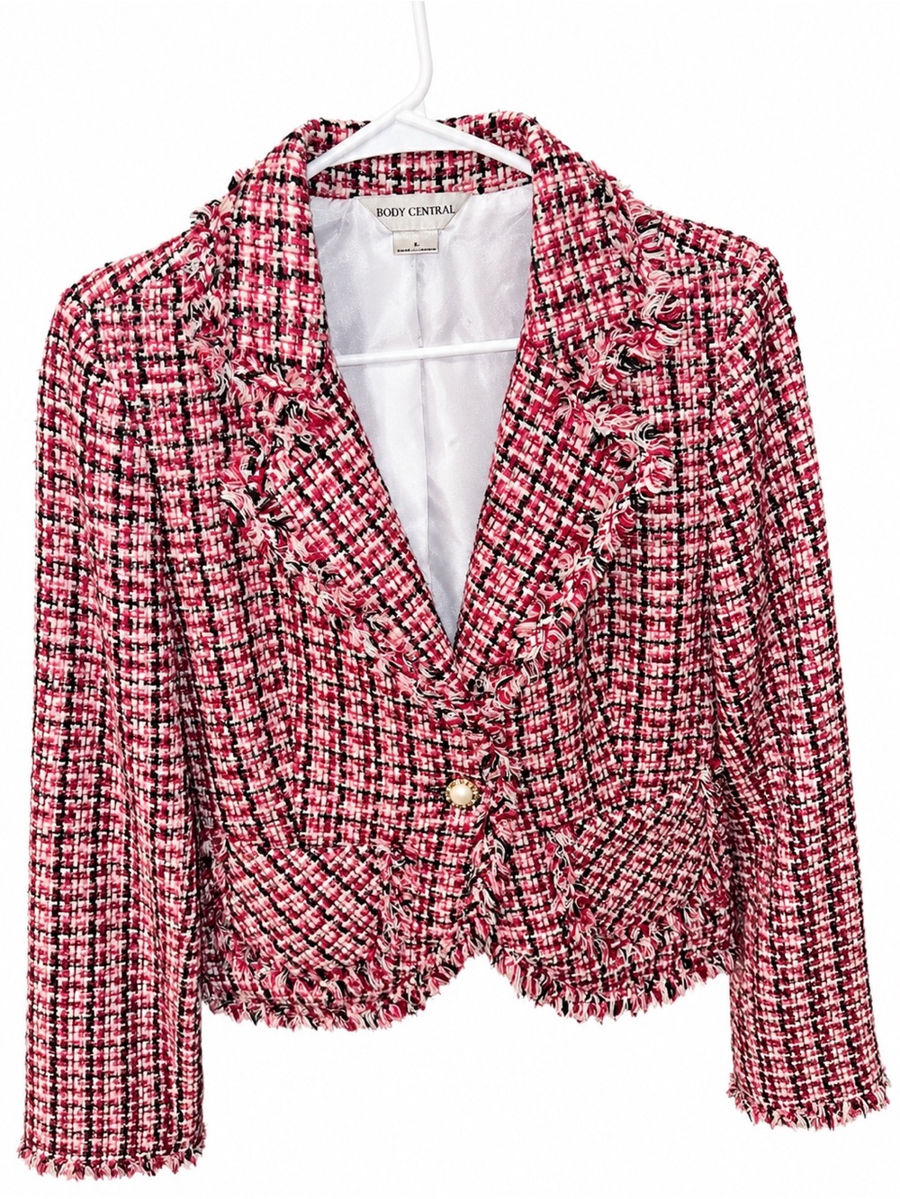 Elegant Body Central Old money Red and Black Tweed Fringed Blazer
